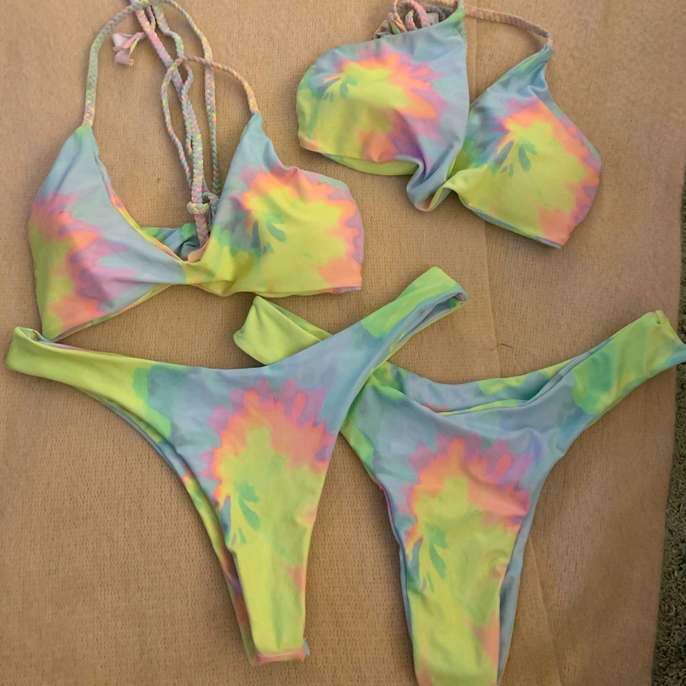 Two matching tie-dye bikinis.